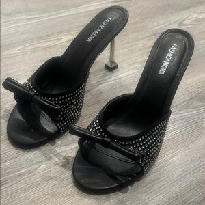 Fashion Nova Black Rhinestone Bow Heels
